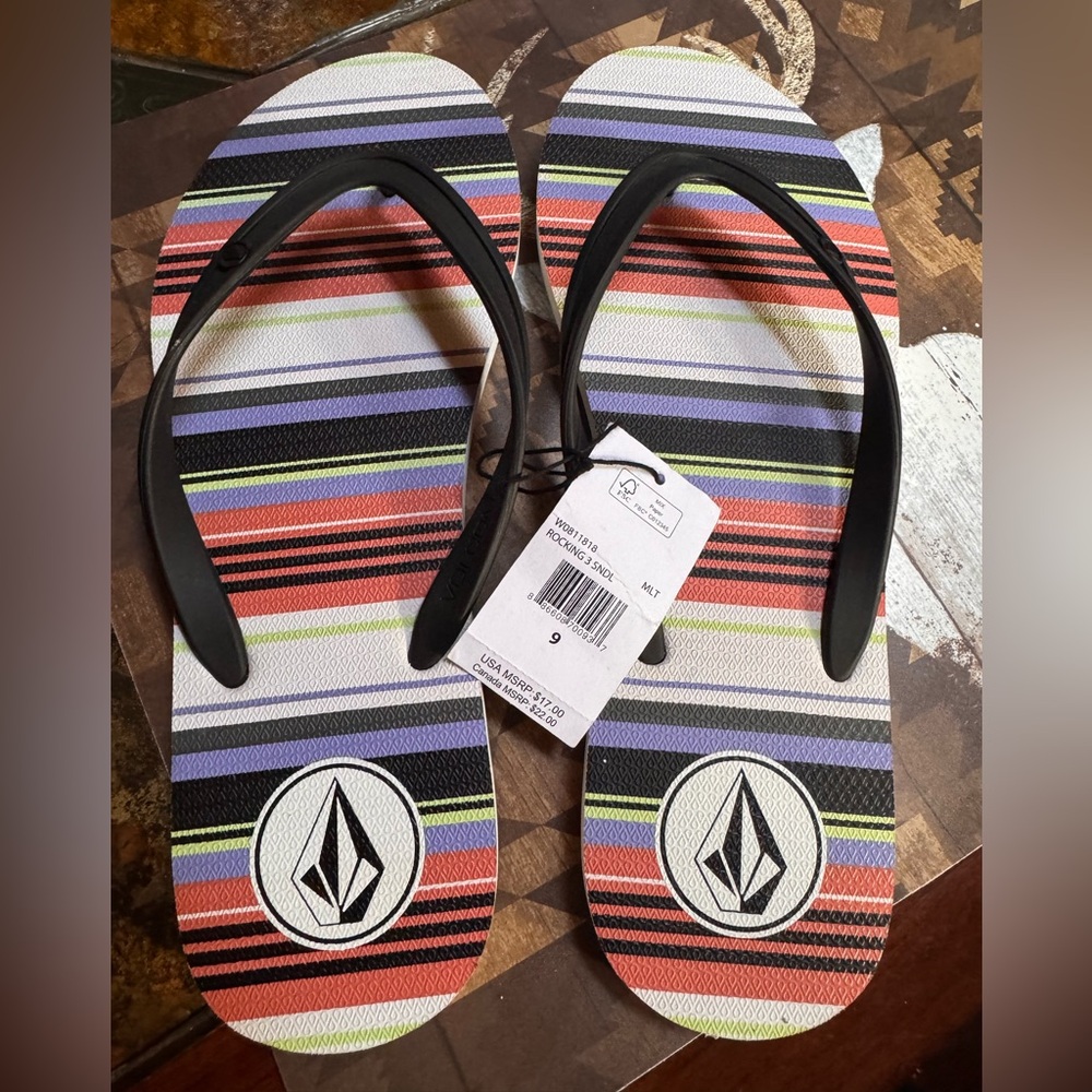 NWT Volcom Multicolor Striped Flip Flops women’s 9
